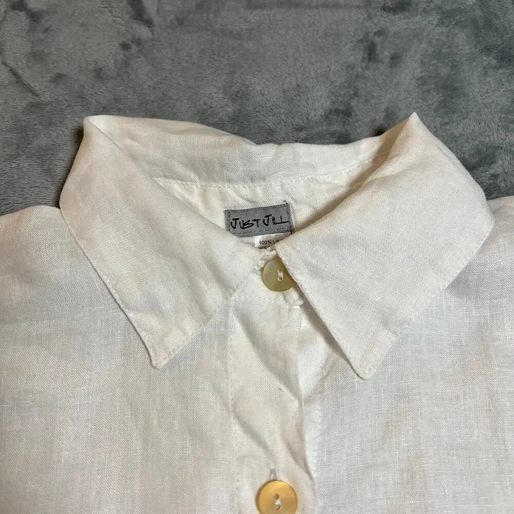 Just Jill 100% Linen Button Up Shirt Size S Roll Tab Sleeve Coastal Beach Casual - Picture 3 of 9